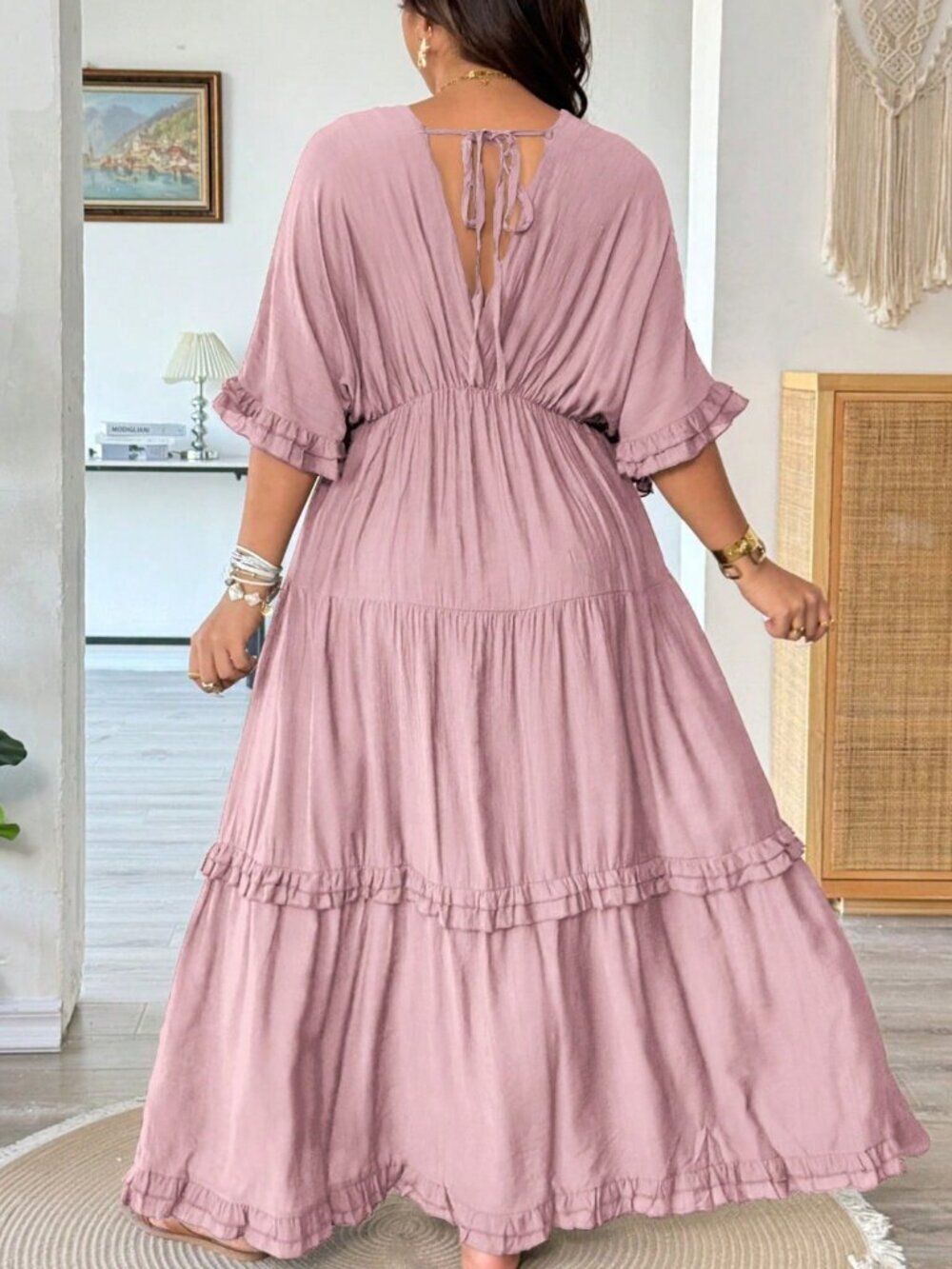 Pink Casual Women's Plus Size Boho Ruffle Trim maxi Dress - Picture 2 of 7